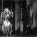 Black and white photo of Shari Saunders as Sophie and Jonathan Whitacre as Ray in Nigredo Hotel