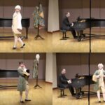 A collage of four photos, showing a white genderqueer person performing in front of a piano. They wear 18th century menswear, and in two of the photos they wear a curly white historical wig.