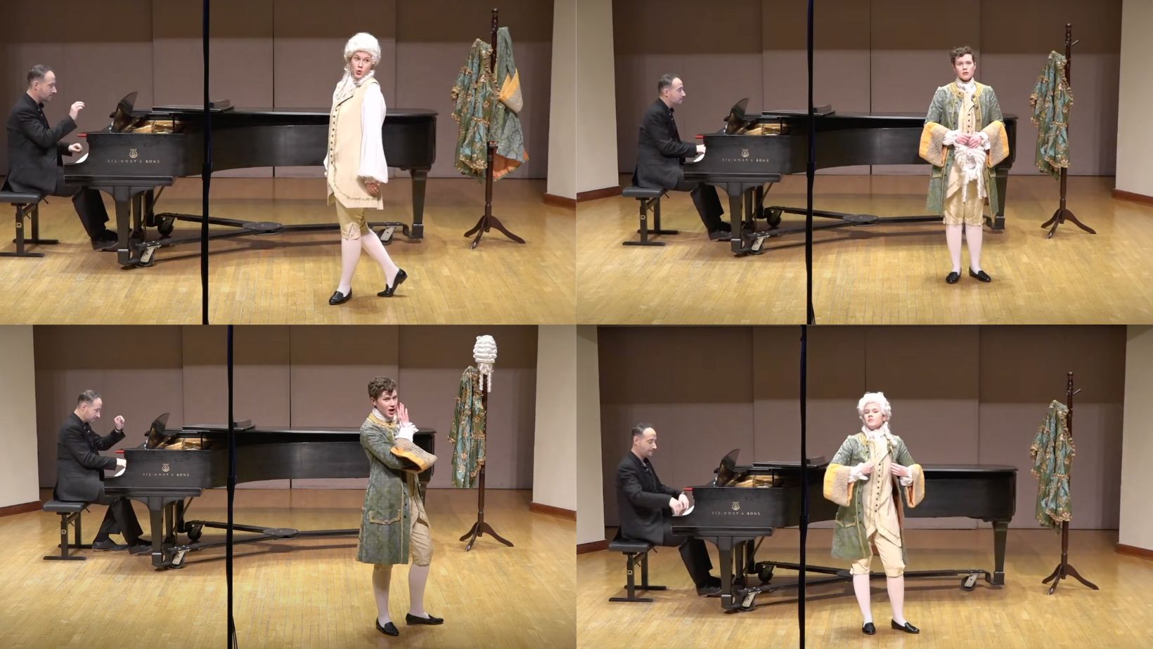 A collage of four photos, showing a white genderqueer person performing in front of a piano. They wear 18th century menswear, and in two of the photos they wear a curly white historical wig.